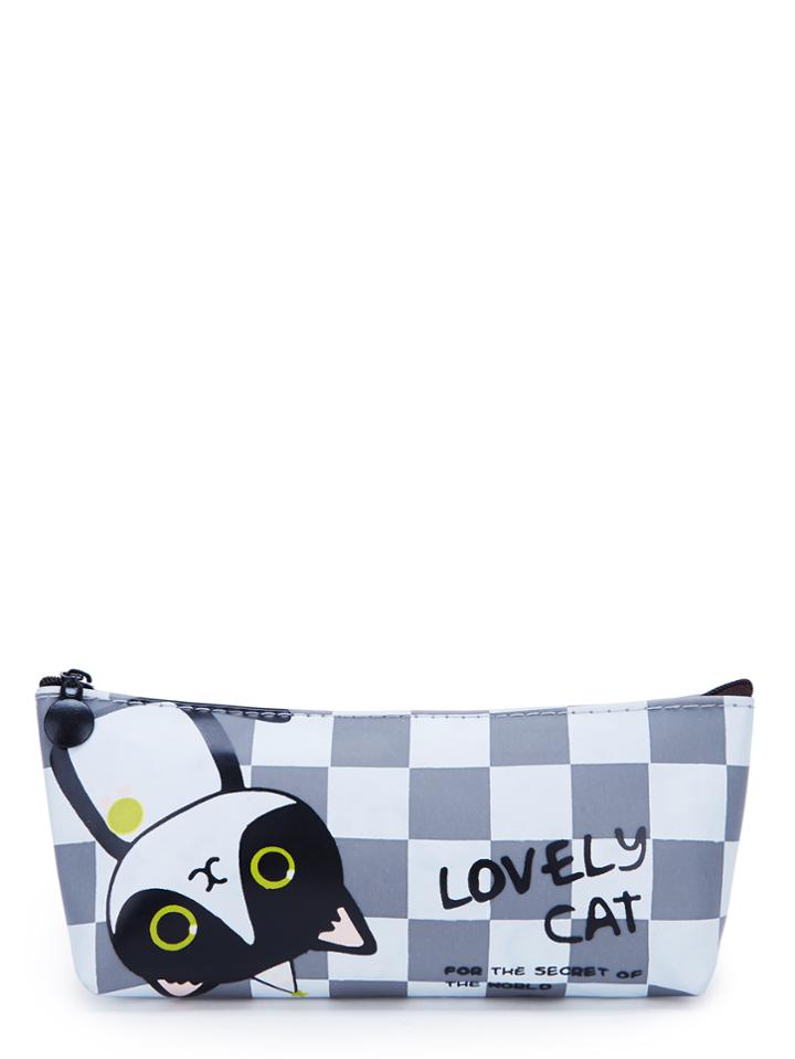 Shein Slogan & Cat Print Checker Pouch