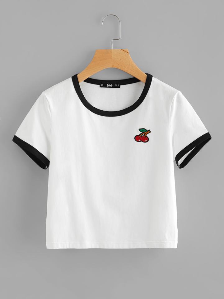 Shein Embroidered Cherry Patch Crop Ringer Tee