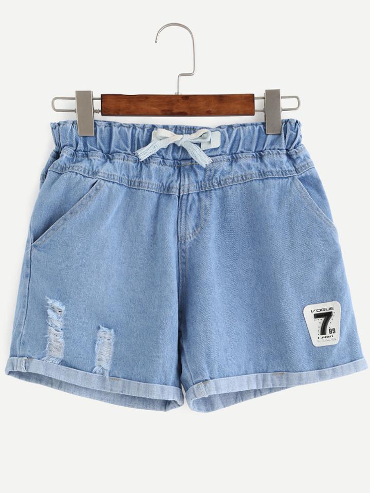 Shein Blue Number Patch Roll Hem Drawstring Denim Shorts