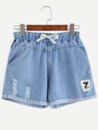 Shein Blue Number Patch Roll Hem Drawstring Denim Shorts