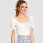 Shein Knot Front Ruffle Sleeve Smocked Back Top