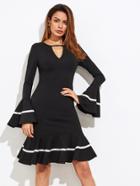 Shein Keyhole Front Flute Sleeve Ribbon Tape Detail Dress