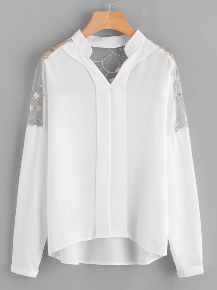 Shein Embroidery Mesh Paneled Dip Hem Blouse