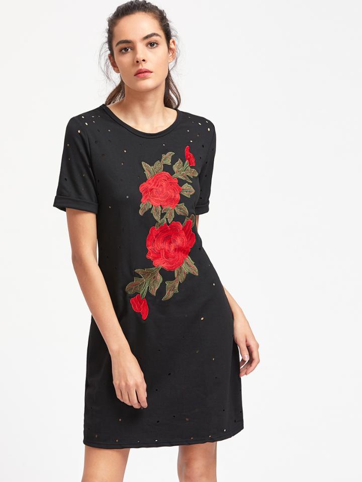 Shein Embroidered Distressed Cuffed Tee Dress