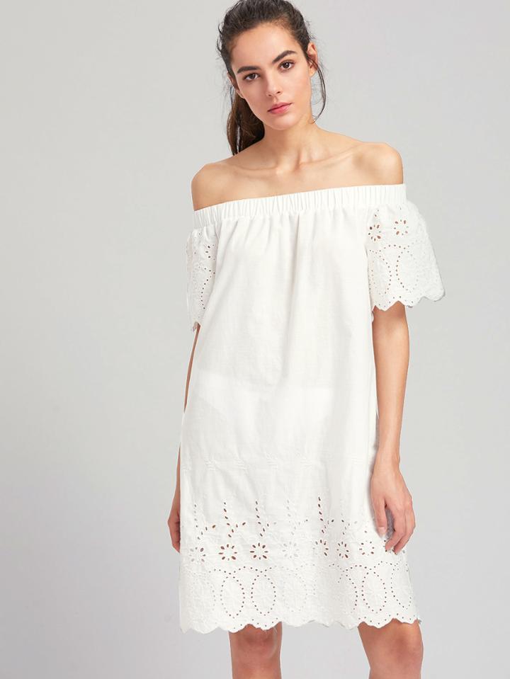 Shein Off Shoulder Eyelet Embroidered Scalloped Dress