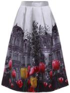 Shein White Tulips House Print Flare Skirt