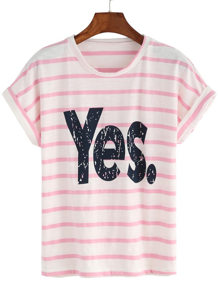 Shein Pink White Crew Neck Striped Yes Print T-shirt
