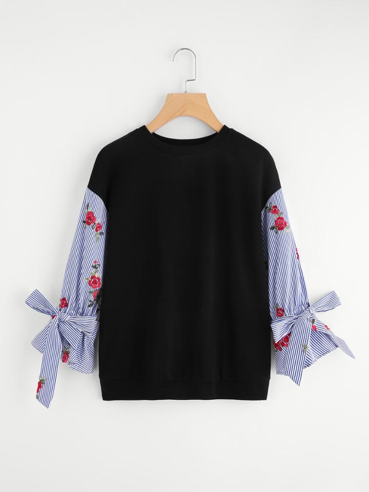 Shein Contrast Striped Embroidery Sleeve Pullover