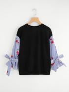 Shein Contrast Striped Embroidery Sleeve Pullover