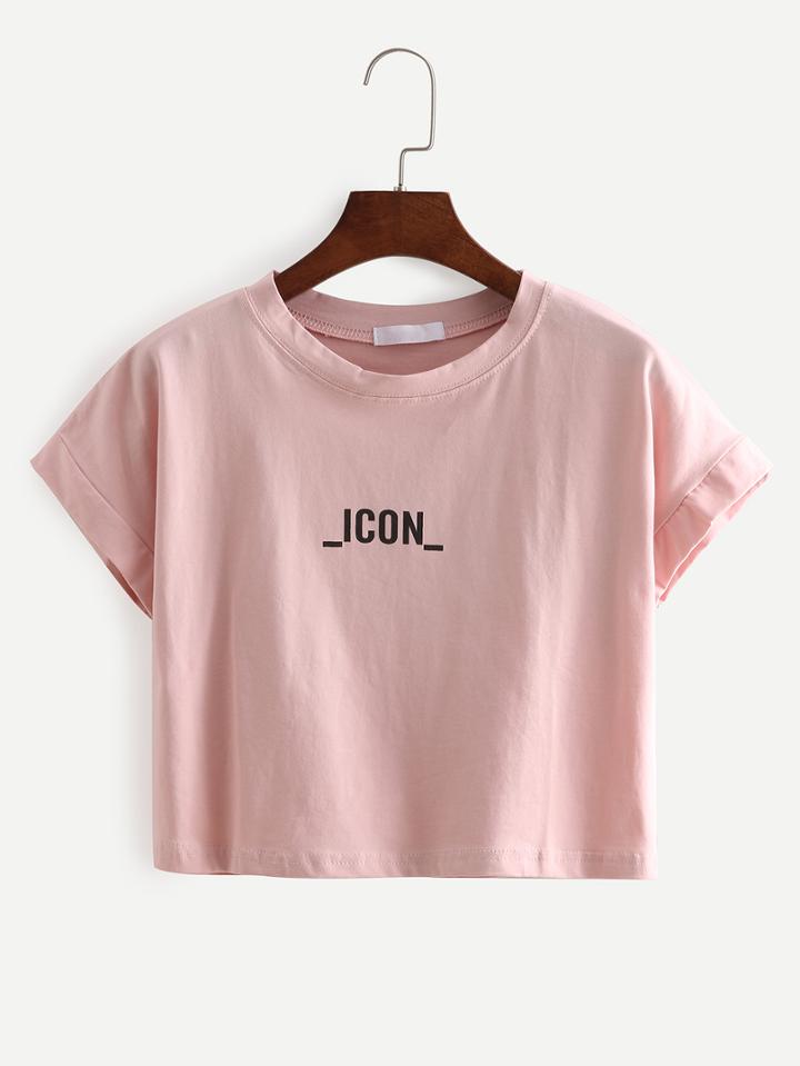 Shein Pink Letters Print Crop T-shirt