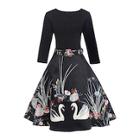 Shein 50s Belted Swan And Floral Print Flared Dress