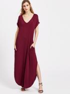 Shein V Neck Roll Cuff Side Pocket Curved Tee Dress