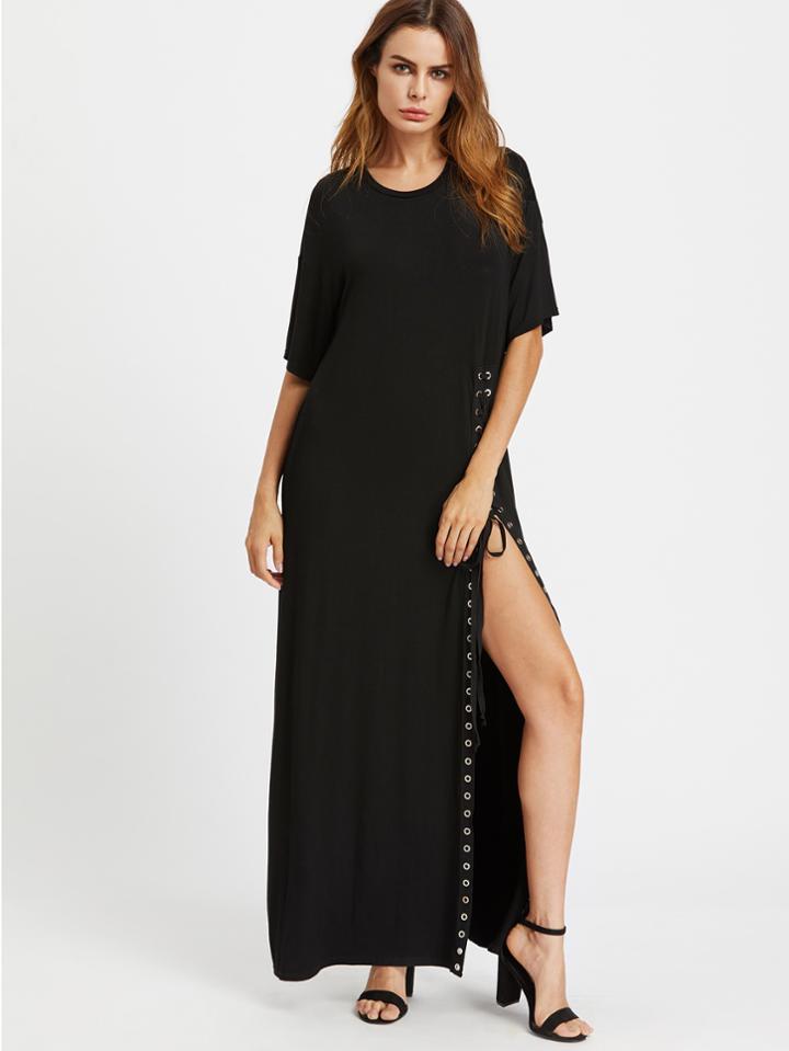 Shein Grommet Lace Up High Slit Tee Dress