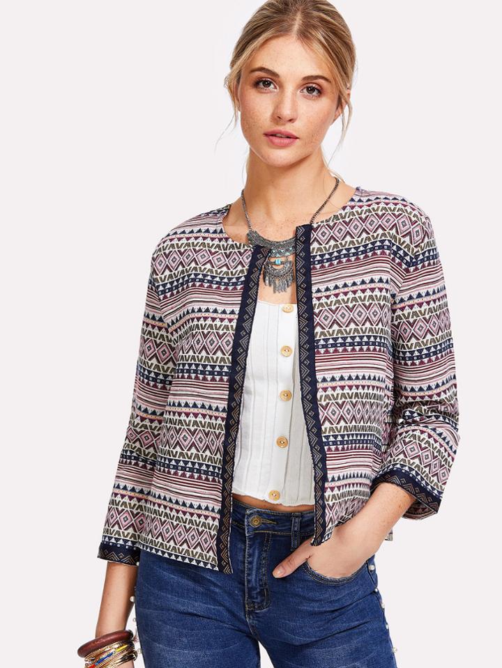 Shein Embroidered Tape Detail Geo Print Jacket