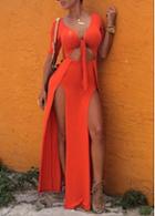 Rosewe High Slit V Neck Orange Maxi Dress