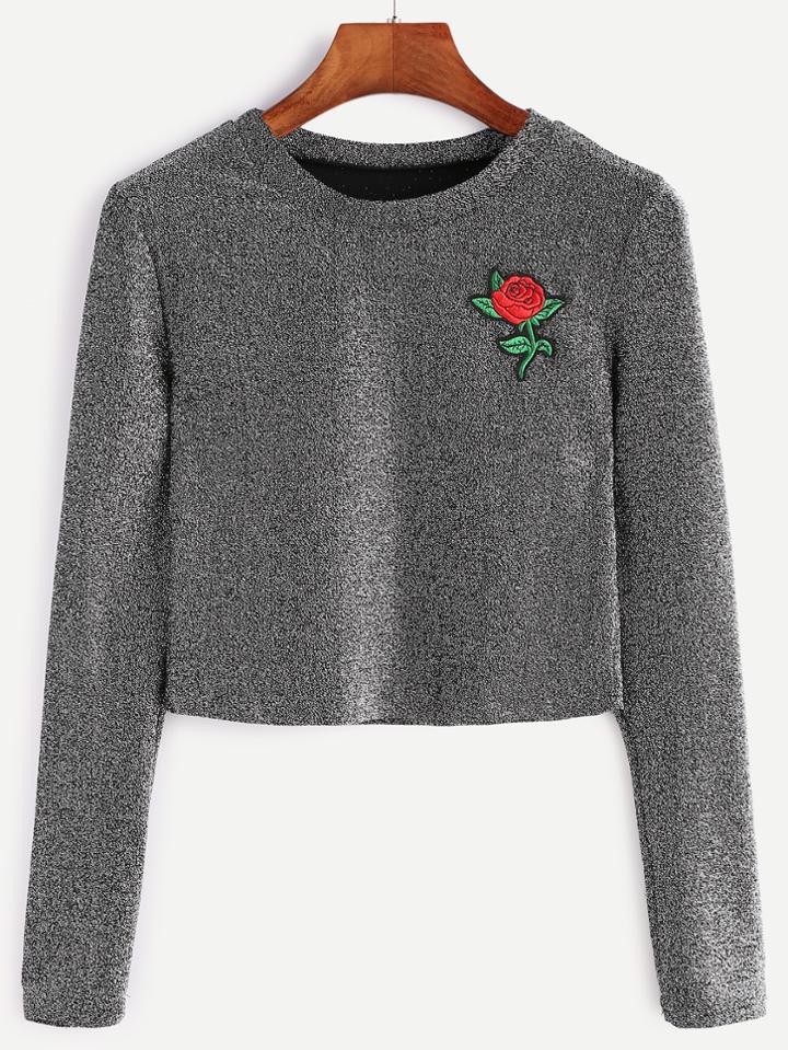 Shein Metallic Rose Embroidered Patch Crop T-shirt