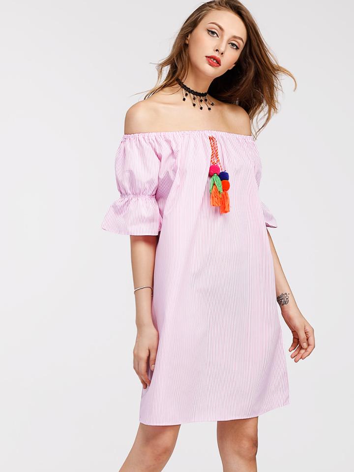 Shein Bardot Vertical Striped Dress With Pom Pom