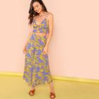 Shein Palm Leaf Print Lace Up Ruffle Cami & Wide Leg Pants Set