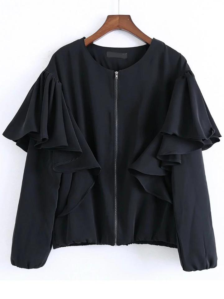 Shein Black Ruffle Detail Zipper Up Coat