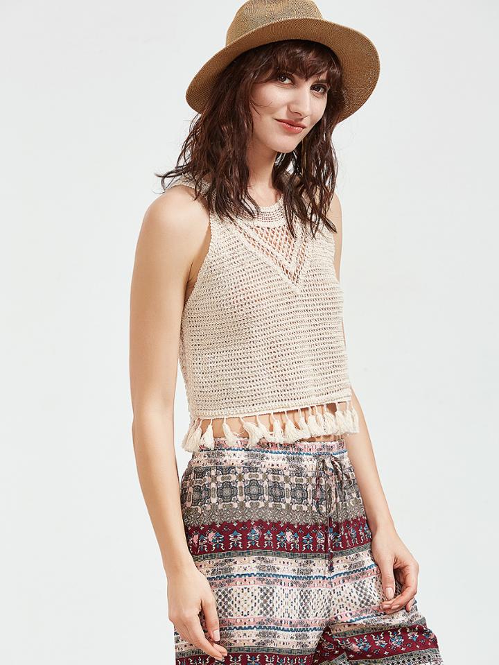 Shein Apricot Tassel Trim Hollow Out Crop Tank Top