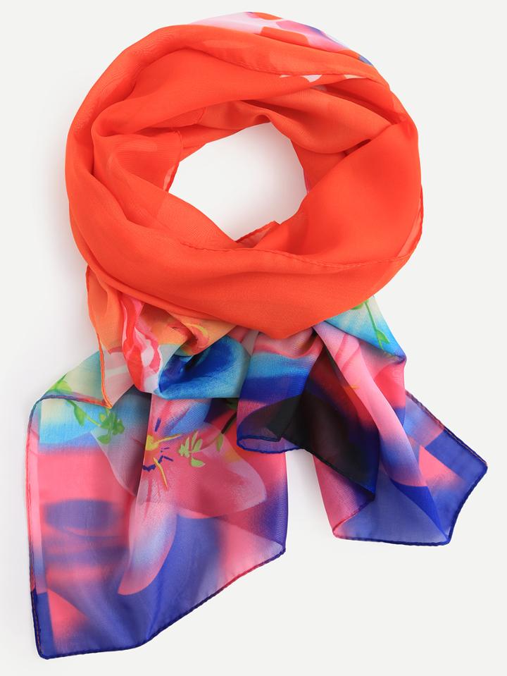 Shein Orange Flower Print Chiffon Scarf