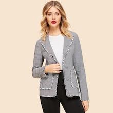 Shein Pocket Front Frayed Plaid Blazer