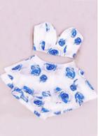 Rosewe Strapless Blue Rose Printed Two Piece Romper