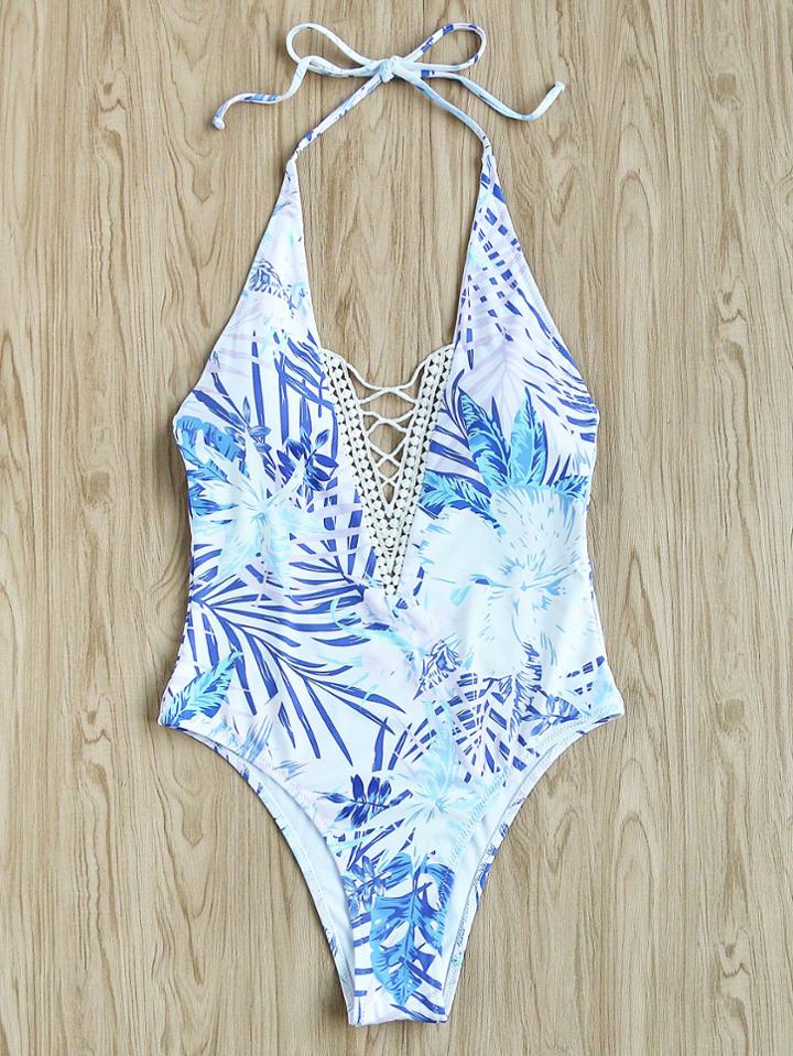 Shein Crisscross Plunge Halter Neck Tropical Swimsuit