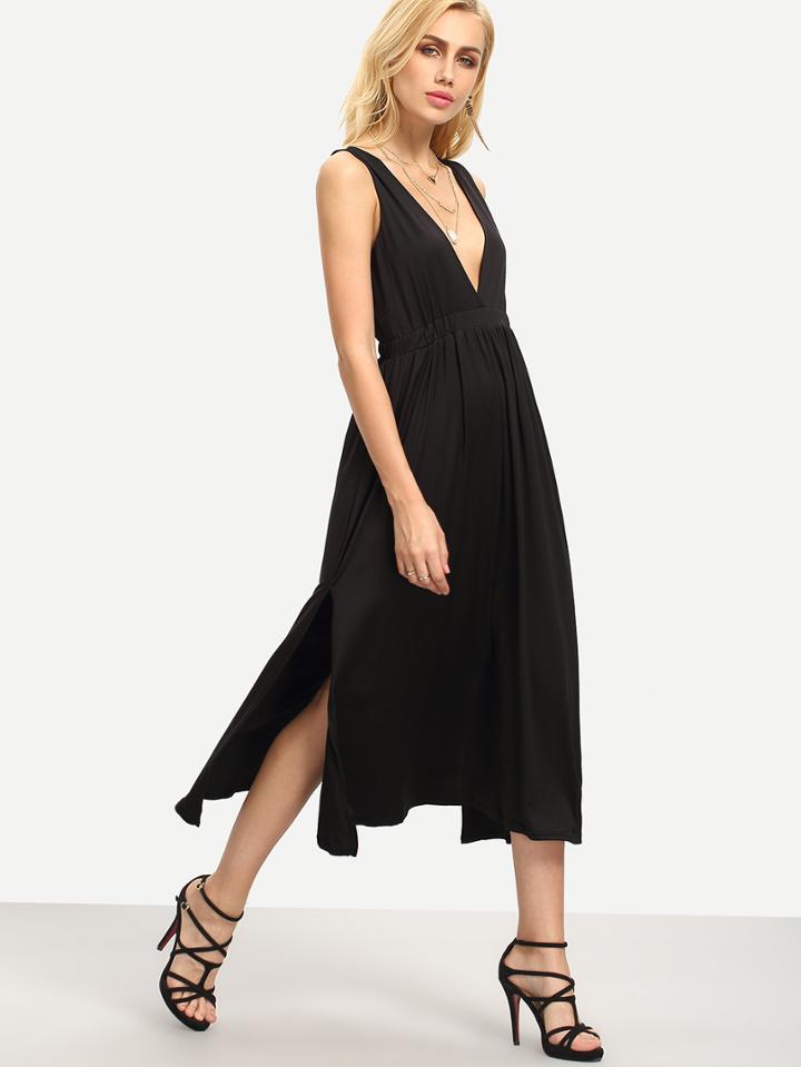 Shein Plunge Neck Side Slit Sleeveless Dress