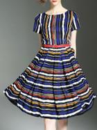 Shein Color Block Striped Belted Pleated Dress