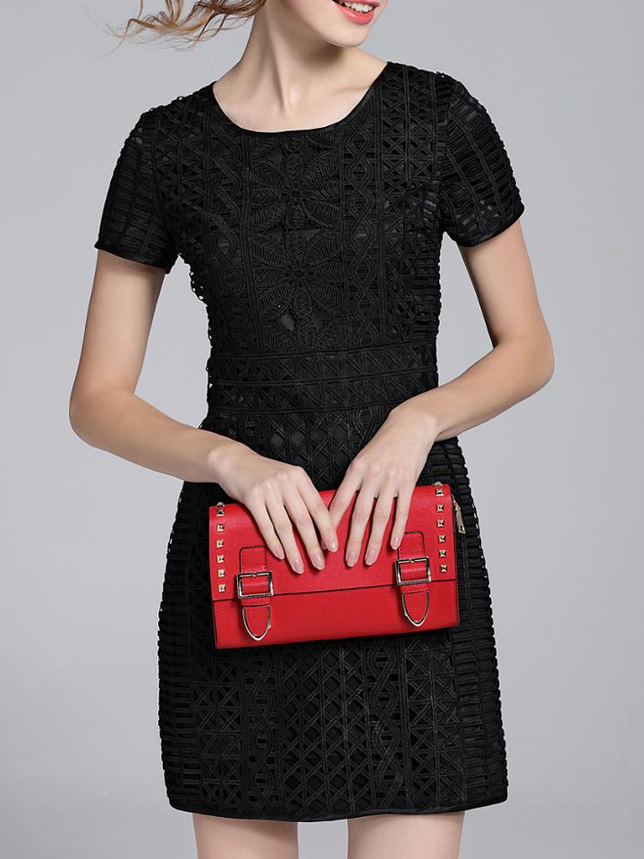 Shein Black Crew Neck Crochet Sheath Dress