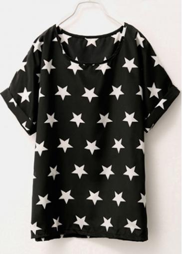 Rosewe Chiffon Black Round Neck Star Printed T Shirt