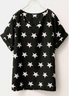 Rosewe Chiffon Black Round Neck Star Printed T Shirt