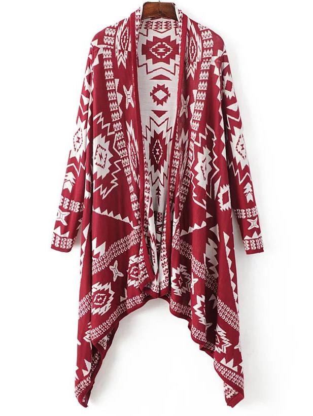 Shein Red Graphic Pattern Asymmetrical Poncho Sweater