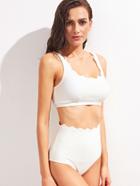 Shein White Scalloped Trim High Waist Bikini Set