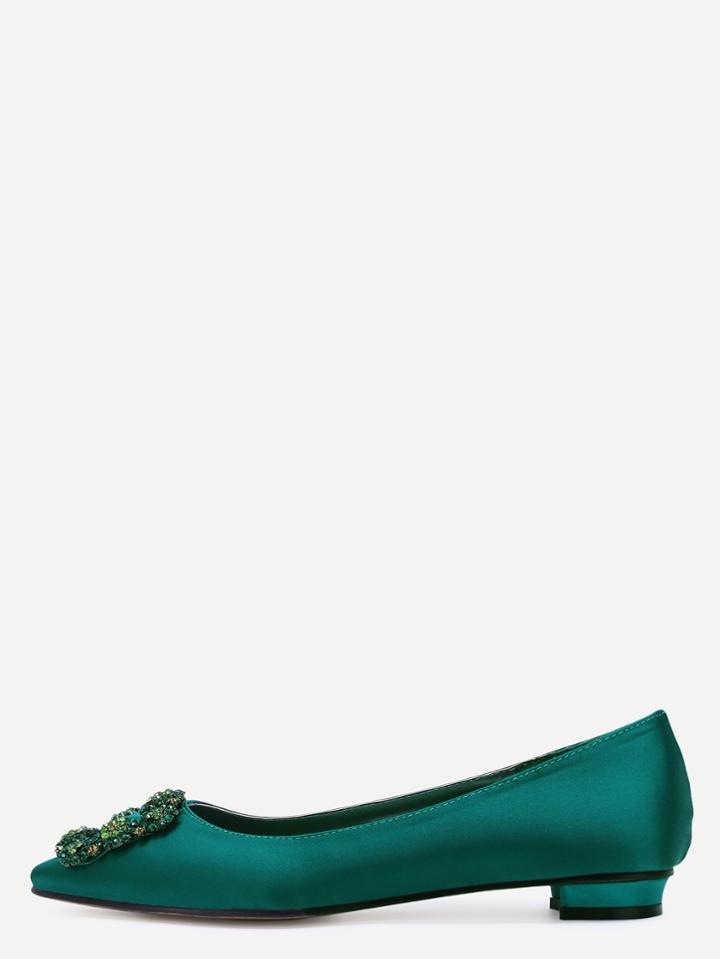 Shein Green Glitter Satin Rhinestone Pointed Ballet Flats