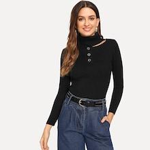 Shein Cut-out High Neck Button Detail Sweater
