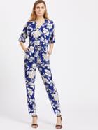 Shein Floral V Neck Drawstring Shirtwaist Jumpsuit