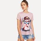 Shein Girl And Pencil Print Tee
