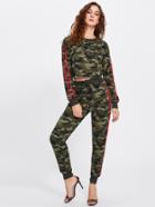 Shein Striped Sleeve Crop Camo Top & Sweatpants Set