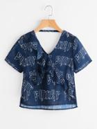 Shein Random Print Double V Frill Trim Blouse