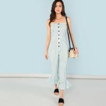 Shein Button Front Ruffle Hem Striped Cami Jumpsuit