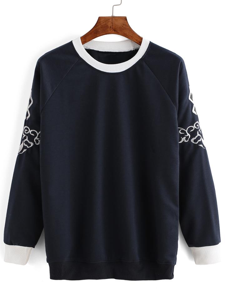Shein Navy Raglan Sleeve Embroidered Sweatshirt