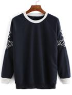 Shein Navy Raglan Sleeve Embroidered Sweatshirt