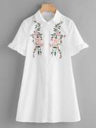 Shein Blossom Embroidered Ruffle Sleeve Shirt Dress