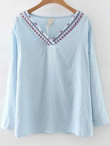 Shein Blue Embroidery V Neck Vintage Blouse