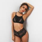Shein Mesh Panel Hollow Out Lace Bandeau Bra Set