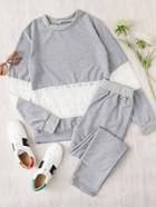 Shein Lace Crochet Contrast Top And Pants Pajama Set
