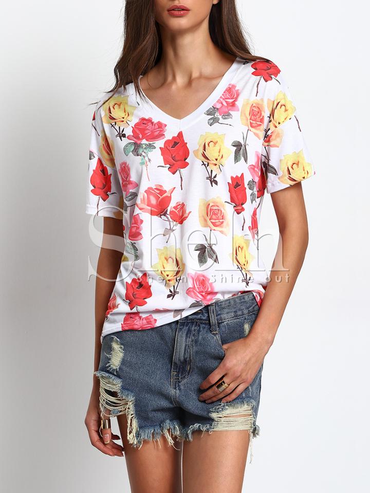 Shein White V Neck Floral Print Casual T-shirt