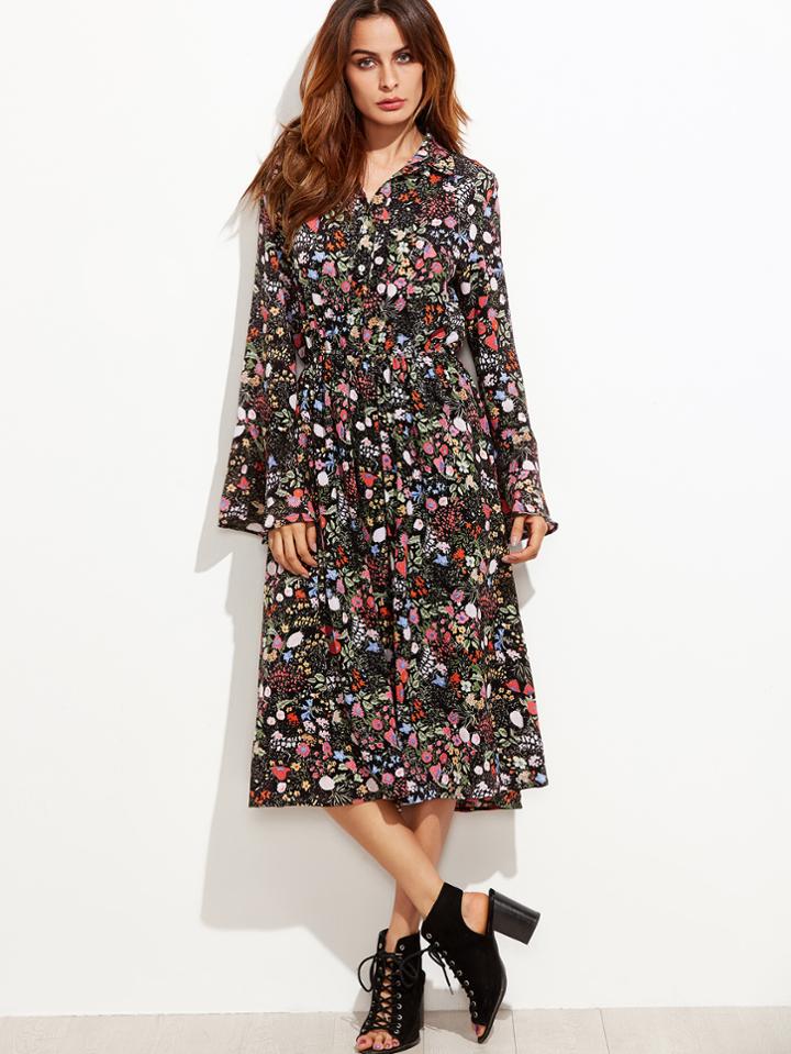 Shein Floral Print Bell Sleeve Shirt Chiffon Dress